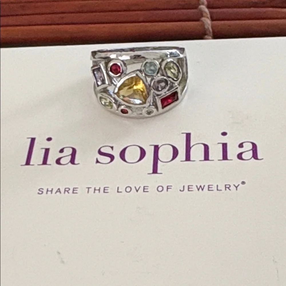 Lia Sophia Silver Multi-Stone Ring Yellow Center and Red & Green Accents Size 9